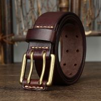 3.8cm Wide Vintage Mens Belt Cowhide Genuine Leather Belt Copper Double Needle Buckle Handmade Jeans Belt Fashion Male Strap