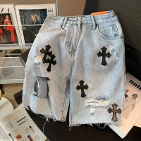 ✢❦ Chrome Heartsˉ tide brand cross stitching ripped denim shorts womens summer high waist straight thin shorts