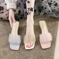 CODiy085671 Gauze Transparent Sandals Slippers Square Toe Thick Heel Fairy Style Outer Wear S