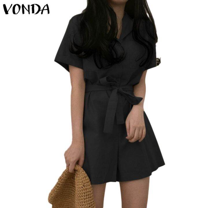 vonda-ชุดจั๊มสูทแขนสั้นลําลอง-คอปก-แต่งกระดุม-สไตล์เกาหลี-สําหรับผู้หญิง