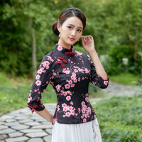 S Heng COCO S-4XL ขนาดบวกสีดำดอกไม้ Qipao เสื้อซาตินแบบดั้งเดิมสไตล์จีน Cheongsam เสื้อพลัมพิมพ์ Qipao ด้านบน