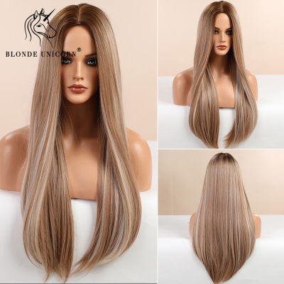 Blonde Unicorn Synthetic Long Straight Brown Blonde Wig with Highlight Cosplay Daily Hair Wigs for Women Heat Resistant Fiber