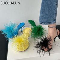 SUOJIALUN 2022 Summer Brand Design Women Sandals Ladies y Open Toe Furry Fur Round Toe High-Heeled Party Dress Pumps Shoes