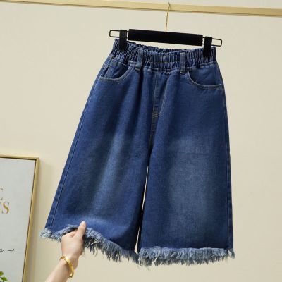 【มีไซส์ใหญ่】Plus Size Womens M-5XL Elastic Waist Denim Shorts Casual Solid Color Straight Blue Knee length Shorts with Pockets