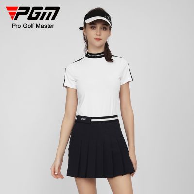 PGM golf womens short-sleeved T-shirt 2023 new sports function fabric contrast color slimming summer clothing golf