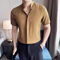 High End 3D ริ้วรอยบาง Slim Men เสื้อฤดูร้อนธุรกิจ Stand Collar แขนสั้นเสื้อ Man Ropa Hombre Streetwear