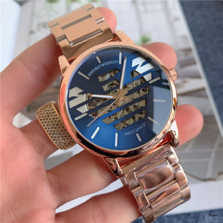 armanis-นาฬิกาข้อมือผู้ชาย-นาฬิกากลไกสแตนเลสสตีลน้ำหนักเบาสายรัดแข็งนาฬิกาแฟชั่นลำลอง3หน้าปัดสีโรสโกลด์สไตล์คลาสสิก