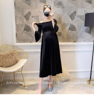 【cw】 Autumn New Style Gold Velvet Maternity Dress Fashionable off-Shoulder Slim Fit Slimming Maternity Dress Trendy Mom Dress 8971 ！