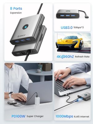 ยูเอสบีโอริโก3.0อะแดปเตอร์ฮับชนิด C ถึง4K60Hz HDMI-รองรับ RJ45แท่นวางมือถือ PD Splitter สำหรับ MacBook แล็ปท็อปไอแพดอุปกรณ์เสริม Feona