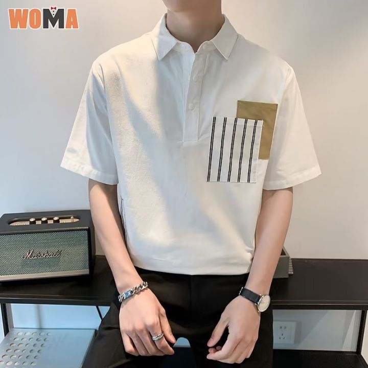 woma-เทรนด์เสื้อโปโลแขนสั้นผู้ชาย-เสื้อยืดวัยรุ่นครึ่งแขนเสื้อเชิ้ตมีปกกระแส