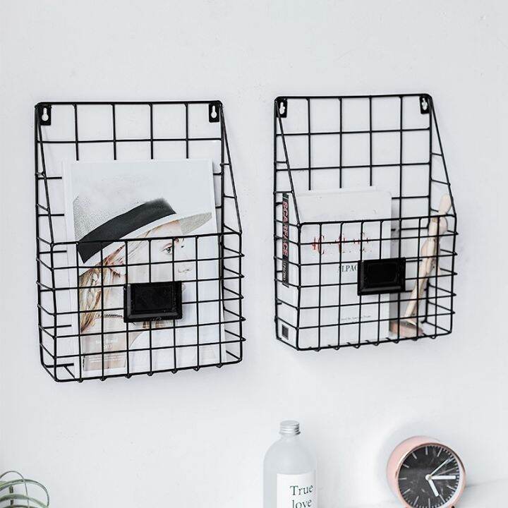 2x-metal-mesh-wire-shelf-hanging-folder-mail-document-organizer-newspaper-magazine-storage-shelf-wall-shelves-black