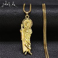 Coloful Zircon Crystal St.Jude Thaddaeus Catholic Necklace for Women Men Stainless Steel Religious Pendant Necklace Jewelry Gift