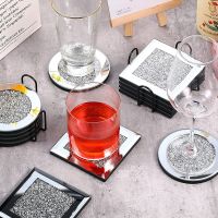 4Pcs Glass Mirrored Coaster Tea Cup Mat Crushed Diamond Cup Pad Coffee Coaster Restaurant Kitchen Dining Desktop Decoration