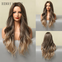 HENRY MARGU Natural Long Wave Black Brown Highlight Wig Middle Part Daily Synthetic Hair Wig for Black Women Afro Heat Resistant