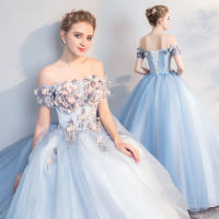 ชุด Sky Blue Wedding Dress Host Clothing Evening Dress 2023 New Bubble Skirt Bel Canto Solo Art Exam Host Formal Dress off-Shoulder Long Performance Dress H567 ชุด แต่งงาน