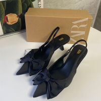 【ready stock】NewZARA-Black pointed toe bow with low heel, light thin heel, slingback fashion sandal