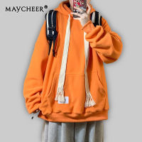 MAYCHEER เสื้อกันหนาวมีเชือกผูกริบบิ้นสำหรับผู้ชายฤดูใบไม้ร่วงและฤดูหนาวเสื้อโค้ทขนแกะเทรนด์หลวมมีฮู้ดใหม่