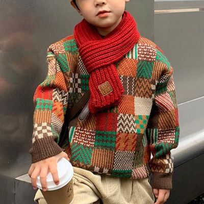 Autumn Winter Y2K Patchwork Thick Girls Sweater Long Sleeve Chic Boys Knitting Tops Cute Kids Pullover Kawaii Childrens Clothes