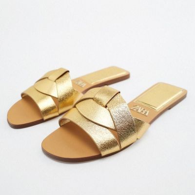 Summer Zaraˉnew womens shoes golden calf leather high-value niche flat sandals and slippersTH
