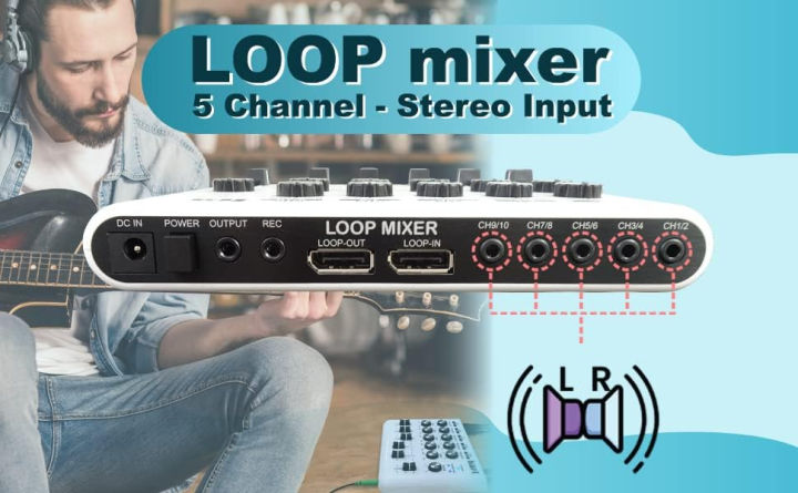 maker-hart-loop-mixer-portable-audio-mixer-with-5-channel-stereo-inputs-3-outputs-via-3-5mm-jack-including-a-mono-to-stereo-dm2s-adapter