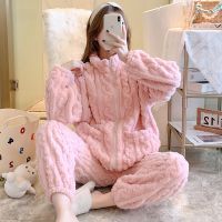 ♨▪┅ Autumn Winter Zipper Pajamas Set Women Loungewear Warm Sleepwear Home Suits Homewear Ladies Flannel Plush Lounge Sleep Wear