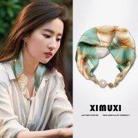 ❀✟ New pearl buckle long necklace silk scarf female simple summer decorative spring and autumn retro all-match