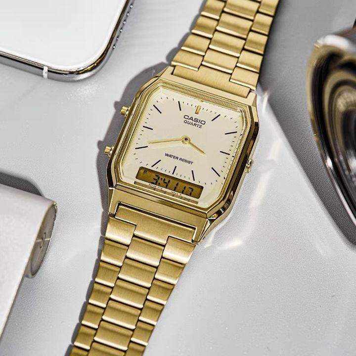 นาฬิกา-cas-io-รุ่น-aq-230ga-9dmqd-นาฬิกาข้อมือหญิง-สายสแตนเลสทอง-พร้อมรับประกัน