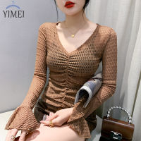 YIMEI เสื้อยืดผู้หญิงแขนบานคอวีเซ็กซี่,เสื้อเอวลอยผ้าแจ็คการ์ดเสื้อคอวีแนวเกาหลีสำหรับฤดูใบไม้ร่วง2023