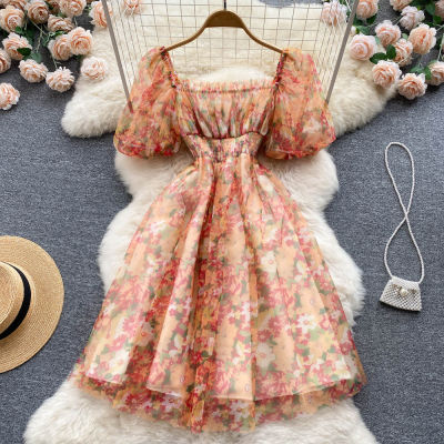 Elegant Fashion Literary Small Fresh Mesh Chiffon First Love Dress Floral High Waist Sweet Little Fairy Skirt Summer New Style