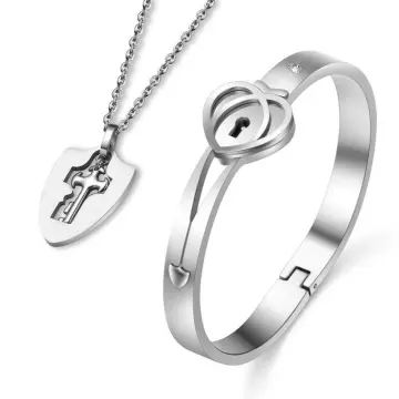 Titanium Puzzle Couple Heart Lock Key Couple Necklace Bracelet Lover  Jewelry Set
