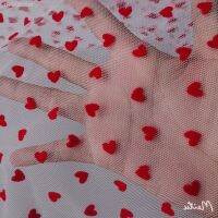 ✜ 90cm Long 8mm Flocking Red Heart White Tulle Mesh Guipure Lace Fabric Wedding Dress Decoration Net Fabric Sewing Material Supply