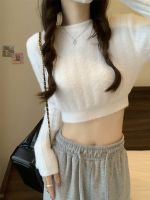 original Uniqlo NEW Hollow round neck knitted sweater for women in autumn short crop top slim fit white bottoming sweater