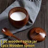 1PC Wood Salt Sugar Bowl Pepper Box Salt Seasoning Container Storage Box with Lid and Spoon Wooden Spice Box Spice Jars Kitchen