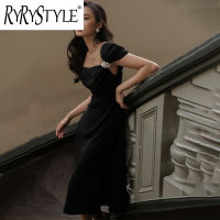 RYRYSTYLE โชว์ไหลรัดรูปชุดสีดำเล็กผู้หญิงสไตล์เฮปเบิร์นใส่ได้พอดี Gaun Mutiara 9437