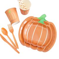 【JIU YU】ஐ♕  Thanksgiving Descartável Abóbora Placa De Papel Decoração Do Partido Suprimentos Laranja Toalha De Mesa Faca Garfo Colher Set