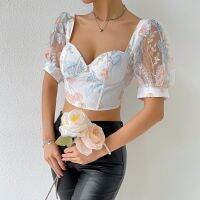 Meqeiss Summer Embroidery Floral Blouse Chic Streetwear Fashion Y2K Blouses Sheer Mesh Square Collar Tulle Tops Cute Tops Women