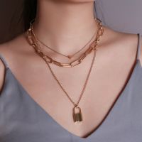 Punk Exaggerated Thick Gold Silver Metal Chain Lock Pendant Necklace