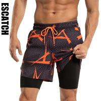 (ETX)Escatch Hot Sale Mens 2 in 1 Workout Running Shorts Quick Dry With Pattern Swiming Beach Pants Sports  Zipper Pockets Clothes