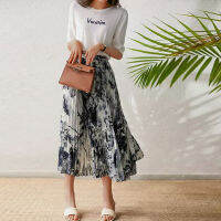 Vintage Ink Print Midi Pleated Skirts Fashion Korean High Waist Ruffles Wear Office Lady Blue A-line Skirt SS3843