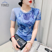 YIMEI เสื้อผ้าแฟชั่นผู้หญิงสำหรับฤดูร้อน2023,เสื้อผ้าไหมพรมดีไซน์ใหม่ออนไลน์เสื้อยืดพิมพ์ลายนกกระเรียนสยายปีกแฟชั่นของผู้หญิงแขนสั้นคอกลมเข้ารูปสไตล์ตะวันตก