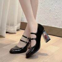 Retro Elegant Mary Jane Lady รองเท้าเดี่ยวอารมณ์ Rose Crystal Heel รองเท้าส้นสูงแฟชั่นผสมสี Rhinestone รอบหัวปั๊ม