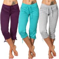 Women Solid Color Mid Rise Pockets Drawstring Slim Capri Pants Cropped Trousers Yoga Pants Female Short pants Summer Sweatpants