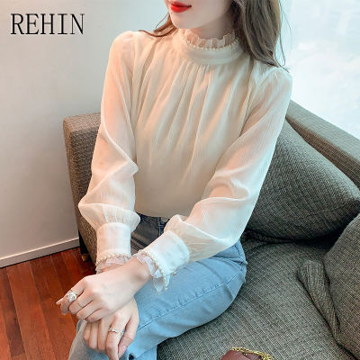 REHIN เสื้อสตรีแขนพองปกตั้งไข่มุกหวานใหม่ฤดูใบไม้ผลิตกแต่งดีไซน์แบบเฉพาะเสื้อแขนยาวผ้าชีฟองนางฟ้า
