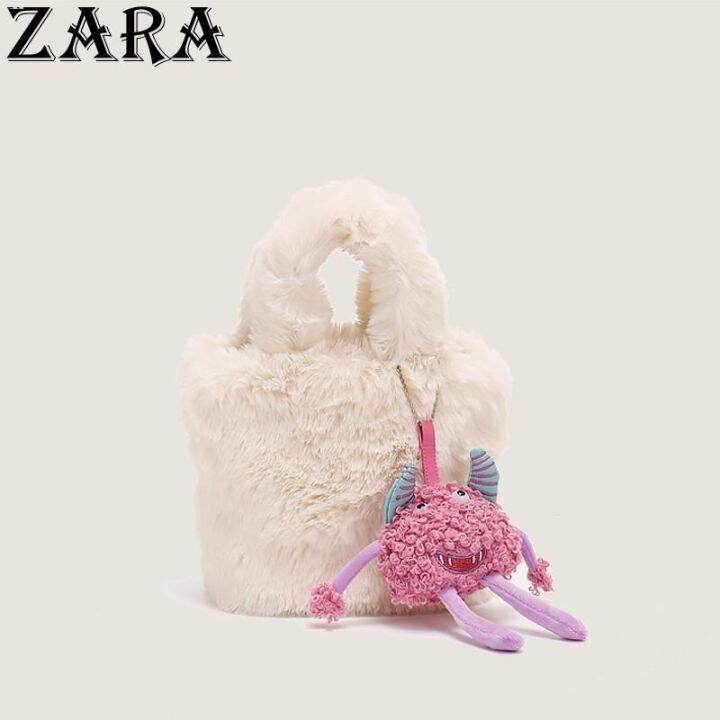 zara-กระเป๋ากระเป๋าผ้ากำมะหยี่ทรงแมสเซนเจอร์ทรงตุ๊กตาน่ารัก-ฤดูใบไม้ร่วงและฤดูหนาวหรูหรากระเป๋าทรงถังหรูหราหรูหรารุ่นใหม่อเนกประสงค์