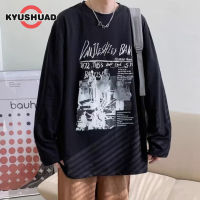 KYUSHUAD เสื้อยืดแขนยาววินเทจอเมริกันใหม่เสื้อวอร์มสำหรับฤดูใบไม้ผลิและฤดูใบไม้ร่วงเสื้อแบบหลวมอินเทรนด์เสื้อผ้าไซส์ใหญ่