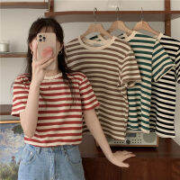 พร้อมส่ง*เสื้อยืดไหมพรม* อย่างดี แขนสั้น* ลายทาง* 0587