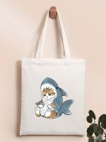 Kawaii Cat Shark พิมพ์ Tote กระเป๋าผู้หญิง Harajuku Shopper กระเป๋าถือสาวไหล่กระเป๋าช้อปปิ้ง Lady กระเป๋าผ้าใบ