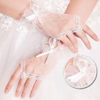 ㍿✇ X7YC Lace Fingerless Gloves Short Courtesy Summer Wrist Length White Plaid Crystal Bowknot Mittens for Women Wedding Party