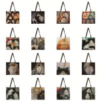 Colorful cat tote bag shoulder bag linen fabric casual tote bag foldable shopping bag reusable beach bag