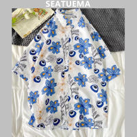 SEATUEMA เสื้อผู้ชายฤดูร้อนสไตล์ญี่ปุ่นลายดอกไม้แขนสั้นเสื้อเชิตเวอร์ชั่นเกาหลีอินเทรนด์หลวมฮาวายเสื้อเชิ๊ตลายดอกไม้แพลงก์ตอน